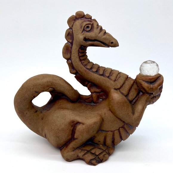 1986 Signed Studio Pottery Dragon Sculpture Crystal Ball Stoneware Fantasy - Picture 1 of 8